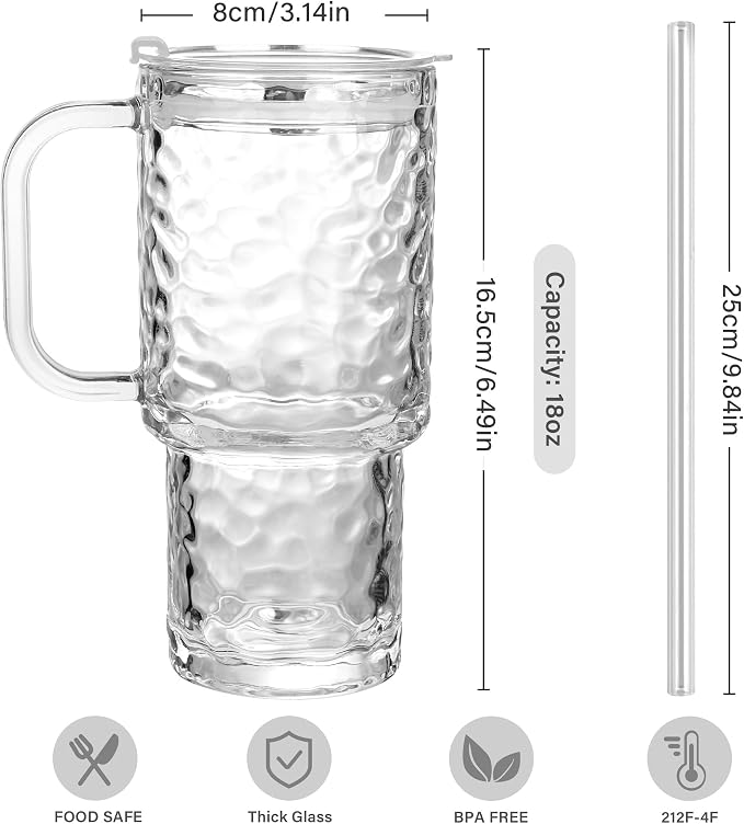 17oz Glass Tumbler with Handle & Lid – 2-Pack Iced Coffee Cups with Straws - Image 2