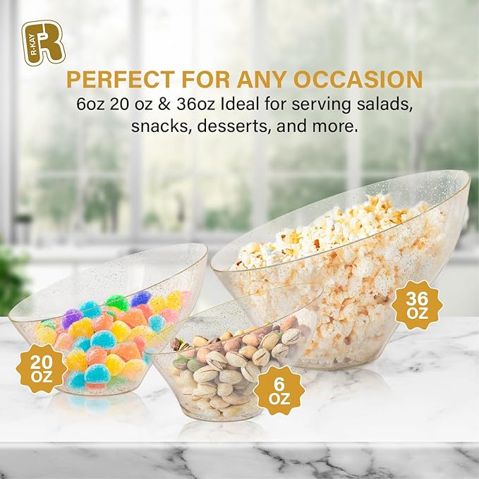 R-kay 6 Pack Angled Candy Bowls - Clear Plastic bowls - Premium Plastic Serving Bowls Heavy Duty For Weddings Catering, parties, And All Occasions (Gold Glitter, Small)