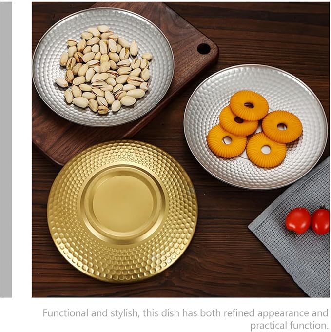 Vintage Hammered Stainless Steel Fruit Tray, Round Textured Metal Dessert Plate for Outdoor Camping and Party Serving, Creative Japanese Style Diamond Pattern