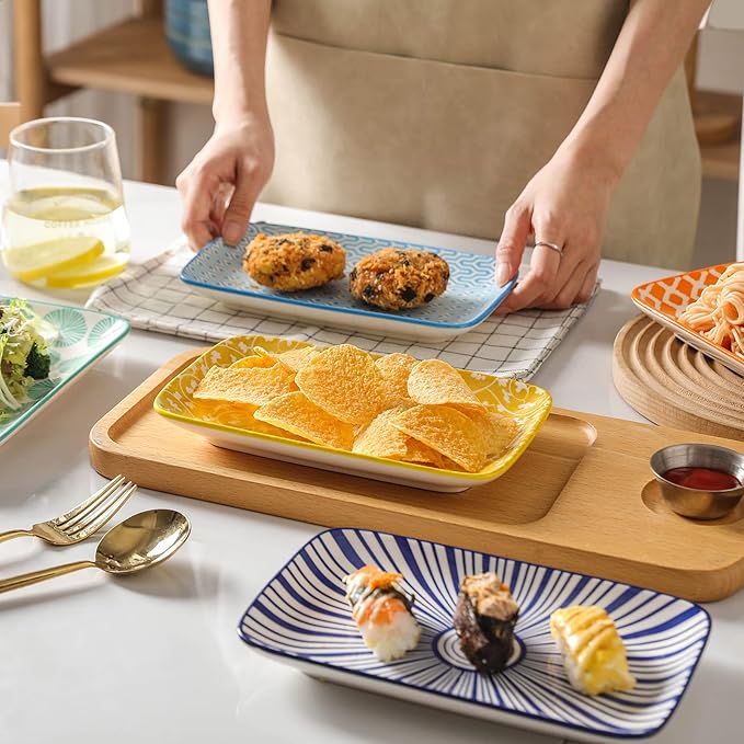 Selamica Ceramic 8 inch Rectangular Salad Plates, Dinner Plates, Pasta Dessert Plates for Appetizer, Sushi, Fruit - Microwave/oven/Dishwasher Safe, Set of 6, Assorted Colors
