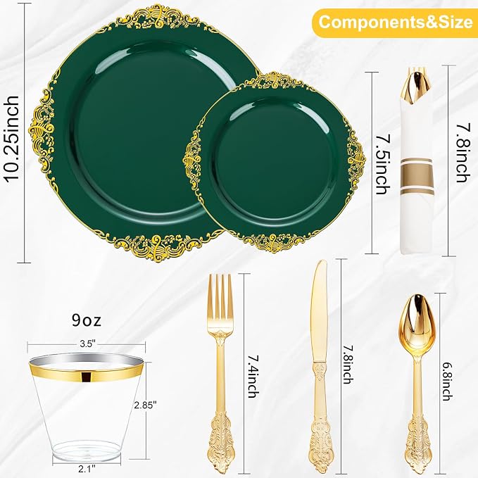 Nervure 350Pcs Green Plastic Plates, Plastic Dinnerware Set - Image 8