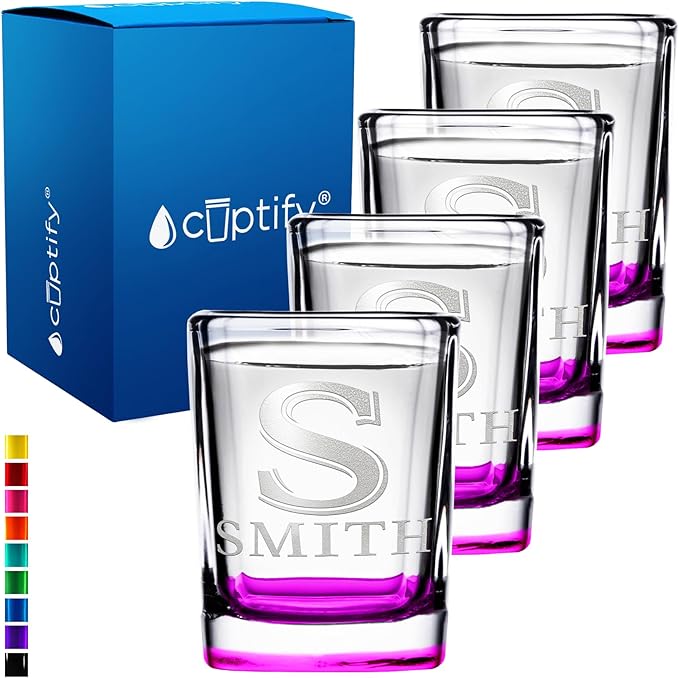 Personalized Shot Glasses Set of 4 Initial and Name 2oz Pink Bottom Etched Square Shot Glass Engraved with Custom Text Birthday or Christmas Gift for Women