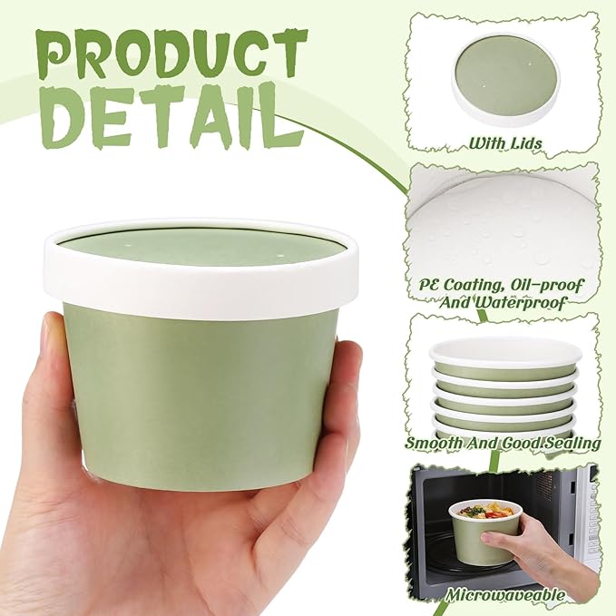 Fulmoon 100 Pack Paper Soup Containers with Lids Disposable Paper Food Containers with Vented Lid Kraft Ice Cream Cake Dessert Cups Soup Bowl for Party Hot Food Fruit Microwave(8 oz,Olive Green)
