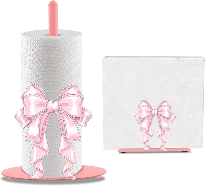 Pink Bow Paper Towel Holder, Pink Countertop Kitchen Decor Indoor with Round Base, Bows Lover Gifts, Iron Bow Napkin Holder Stand Accessories for Bathroom Kitchen Dining, 2 PCS