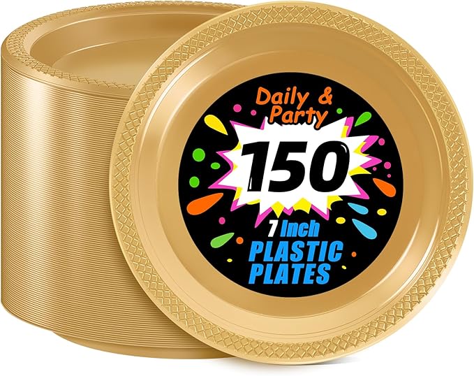 WELLIFE 7 Inch Gold Dessert Plates 150 Count, Gold Plastic Plates for Party Dessert Cake Appetizers Salad Wedding Engagement Birthday