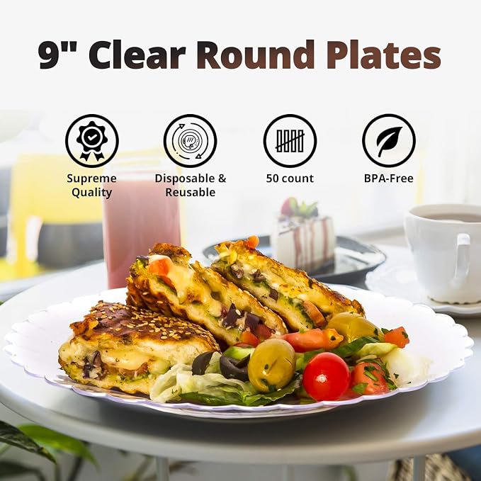 Premium Hard Plastic Plate Set 50 x 9” Clear Round Plates - Image 5