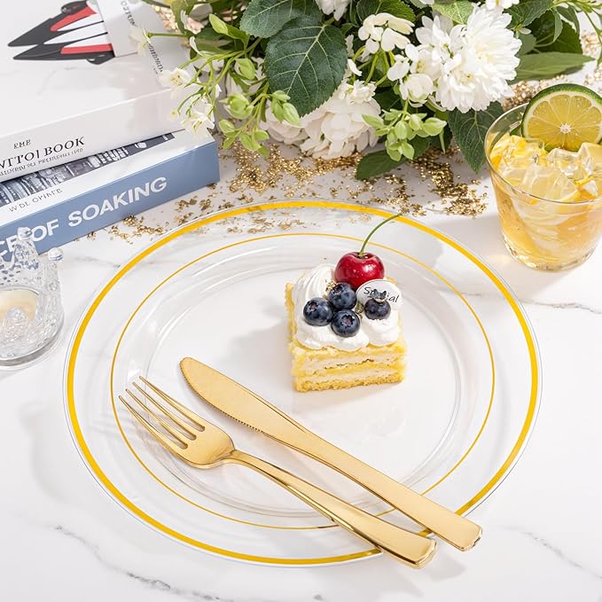 bUCLA 600PCS Clear Plates with Gold Trim - Clear Gold Dinnerware Set Disposable Include 100 Dinner/100 Dessert Plates, 100 Knives, 100 Forks, 100 Spoons, 100 Cups for Wedding, Party