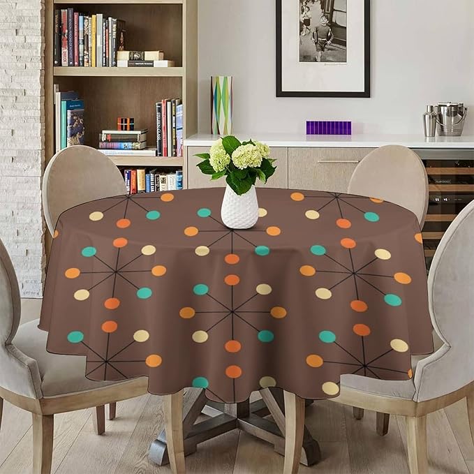Mid Century Boho Round Tablecloth, 50s Mid Century Modern Geometric Pattern Tablecloth for Home Party Dining Room Kitchen Decor 50Inch(127cm)