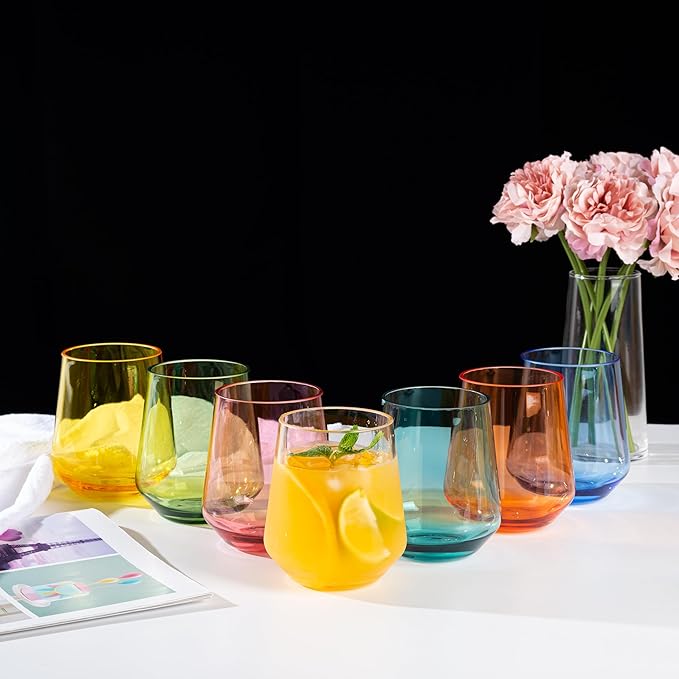 KX-WARE Unbreakable 16-ounce Acrylic Stemless Wine Glasses All Purpose Plastic Tumbler, set of 6 Clear Dishwasher Safe BPA Free Classic Style