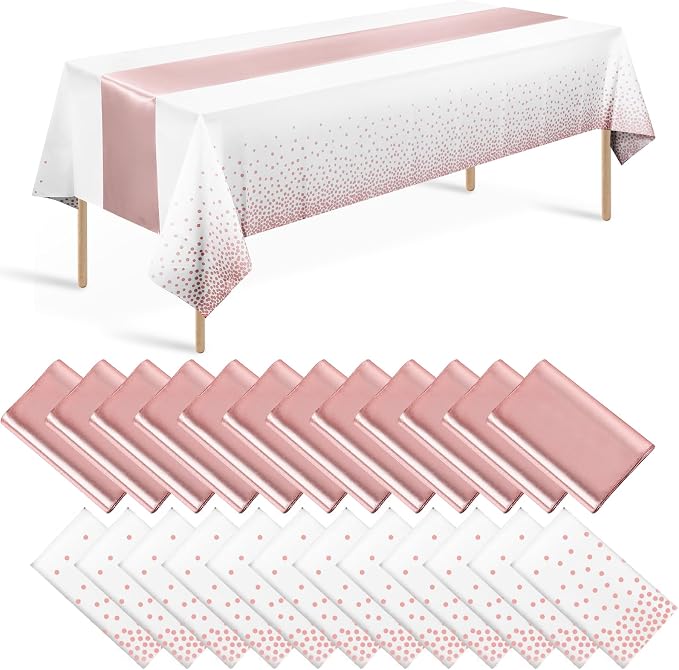 24 Pack Rose Gold Tablecloth and Table Runner Set Party Decorations by Zachely
