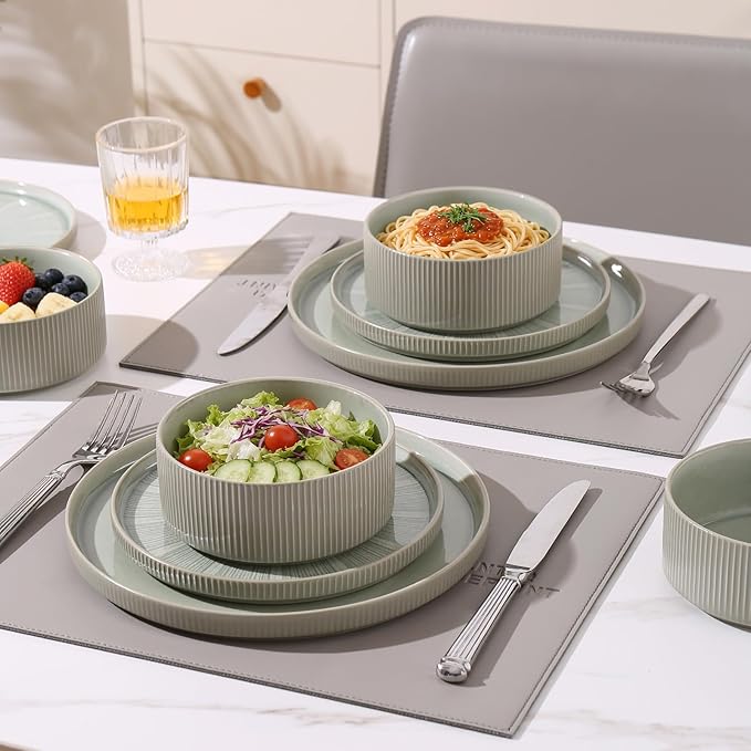 Dinnerware Sets for 4, Ceramic Plates and Bowls Set 12 Piece Dinnerware Chip Resistant Stoneware, Dishwasher and Microwave Safe-Green