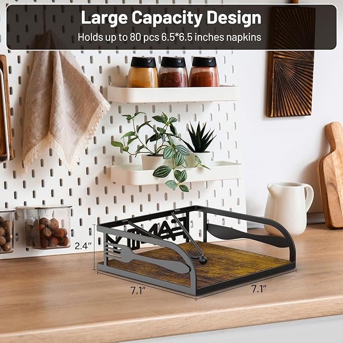 Napkin Holder for Table, Flat Napkin Holders with Weighted Arm, Wooden Kitchen Napkin Dispenser for Kitchen & Outdoor Dining Cocktail Picnic Bar Room Party Decor,Torched Wood and Black
