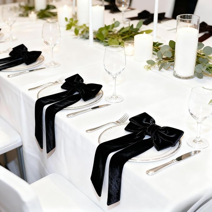 Bow Napkin Rings Set of 12 Luxury Soft Black Velvet Napkin Holders, Elegant Bow Design for Christmas Holiday Dinner Wedding Party Table Decor