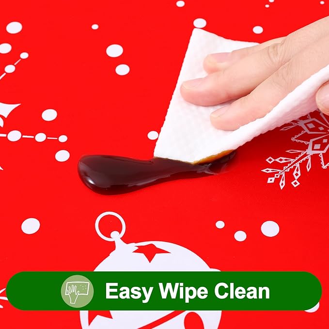 Smiry Plastic Christmas Tablecloth, Snowflake Wipeable Flannel Backed Vinyl Tablecloth, Waterproof Elastic Fitted Table Cover for Christmas Dinner, and New Year Celebration (White & Red, 30x48 Inches)
