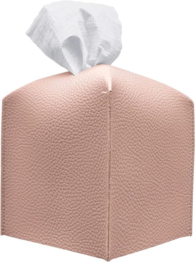 Carrotez Tissue Box Cover, [Refined] Modern PU Leather Square Tissue Box Holder - Decorative Holder/Organizer for Bathroom Vanity Countertop, Night Stands, Office Desk & Car 5"X5"X5" - Rose Pink