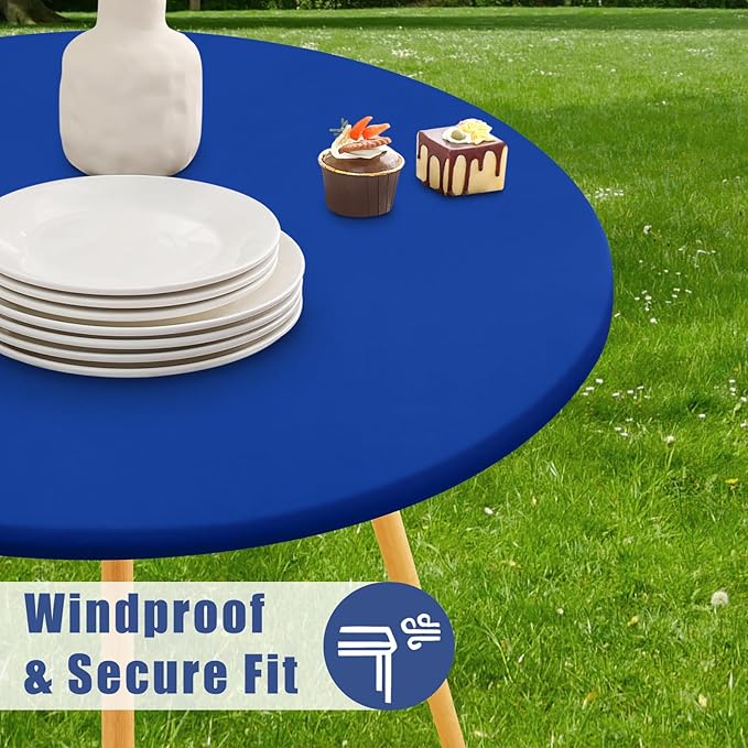 Round Spandex Tablecloth 2 Pack, Elastic Fitted Waterproof Tablecloths for 57"-68" Tables, Stretch Washable Picnic Table Cover for Camping, Dining, Indoor and Outdoor, Blue