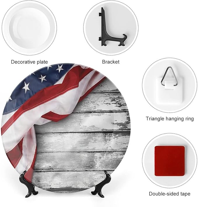 Ceramic Plates, American Flag Decorative Ceramic Plates, Flag on Wood Planks, 6 Inch, for Dining, Parties, Wedding, Multicolor