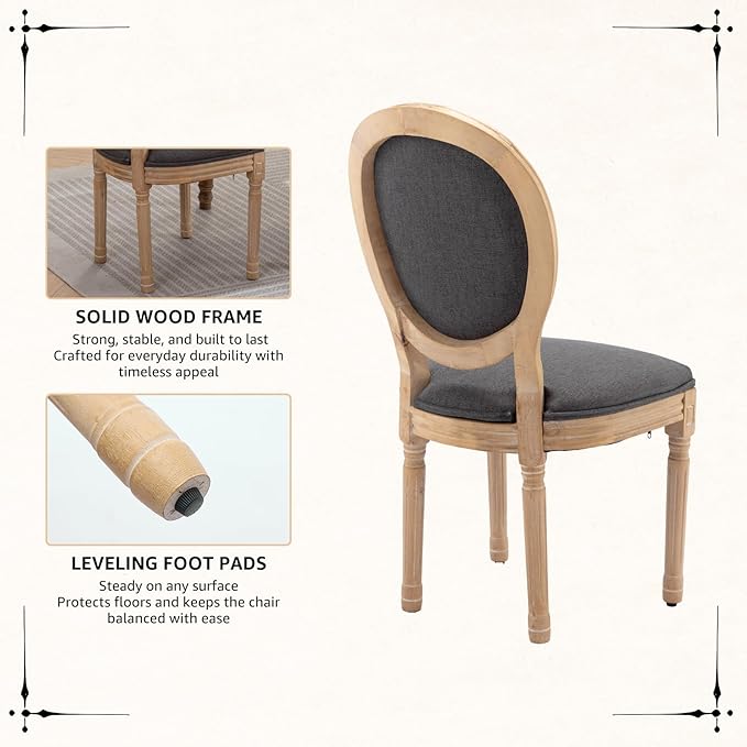Vintage French Dining Chairs Set of 6, Round Back Accent Chairs with Linen Seat and Solid Wood Frame, Farmhouse Sillas de Comedor Upholstered for Dining Room & Kitchen, Gray
