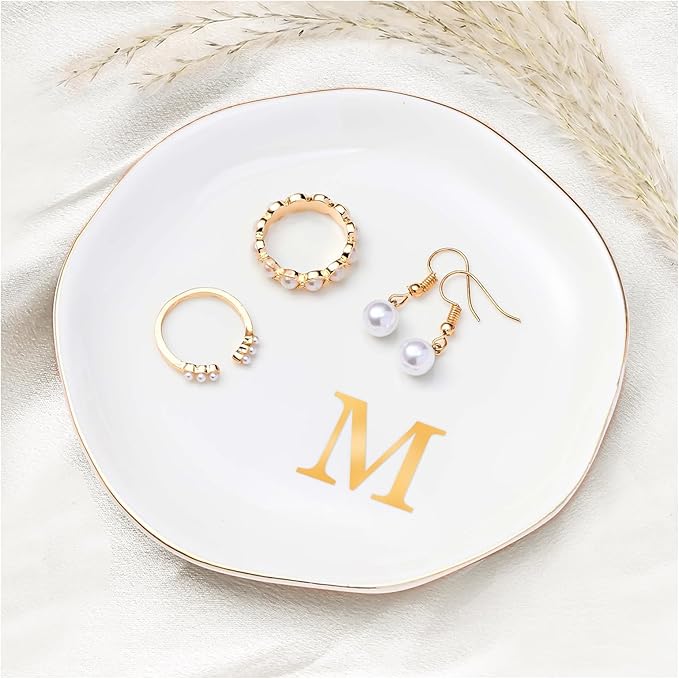 ProCase Ceramic Jewelry Tray, Initial Ring Dish Trinket Plate Engagement Gift, Small Personalized Monogram Ring Bowl for Wedding, White Decorative Jewelry Holder for Women Vanity -Letter M