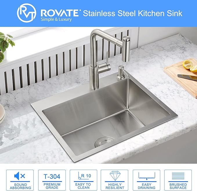 ROVATE 22 x 18 inch Drop-in Kitchen Sink Single Bowl, Small Topmount Kitchen Sink, Handmade 304 Stainless Steel Overmount Sinks with Strainer