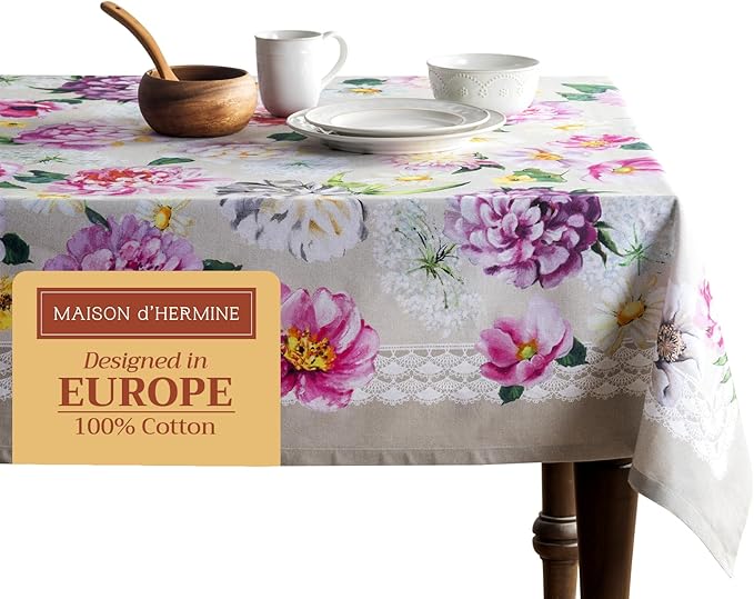 Maison d' Hermine Table Cloth Square Table 100% Cotton 54 x 54 Inches Tablecloth Reusable Decorative for Dining Room Farmhouse Home Valentines Day Decorations Spring Summer - Pivoine