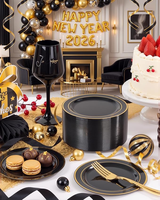 bUCLA 200PCS Black and Gold Plastic Plates - 6.25inch Black with Gold Rim Disposable Dessert/Salad/Appetizer/Small Cake Plates - Ideal for Party & New Year