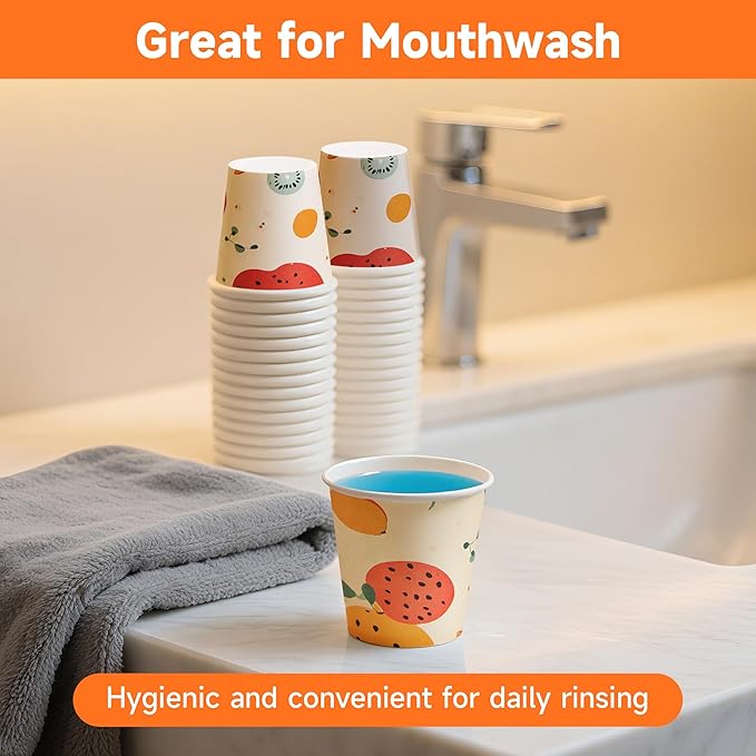 100 Pack 3 oz Bathroom Cups, Disposable Paper Cups with Rolled Rim, Small Paper Mouthwash Cup for Guest Bathrooms, Vanity & Office Use, Off-white