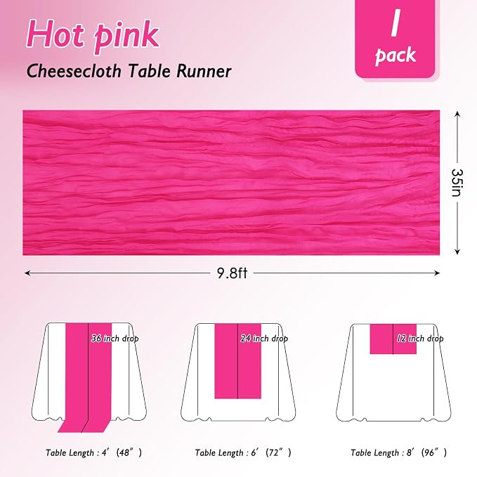 3 Pack Hot Pink Cheesecloth Table Runner 120 Inch Boho Wedding Decor | - Image 2