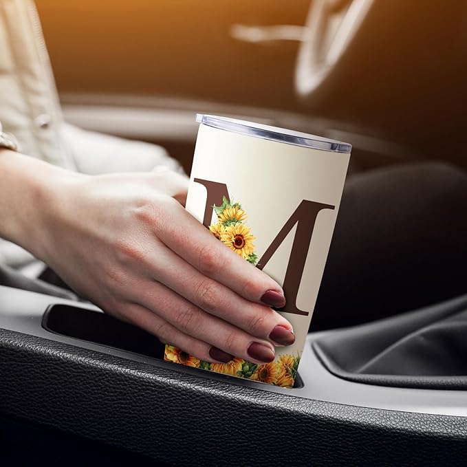 Sunflower Gifts for Women - Personalized Christmas Gifts for Women - Birthday Gift for Woman - Mothers Day Gift for Mom - Monogrammed, Initial 20oz Travel Cup Insulated Tumbler with Lid, M