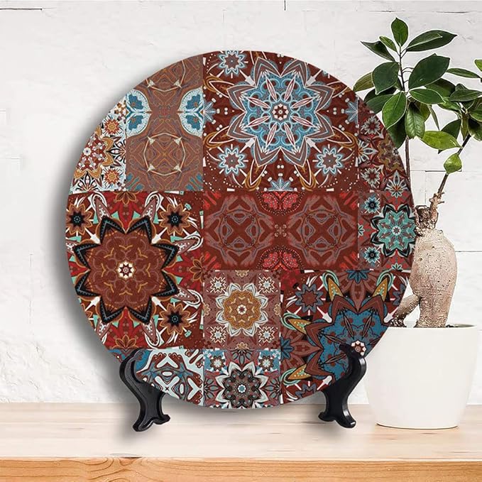 Decorative Plates, Victorian Print Ornament, Classic Victorian Floral Authentic Motives and Ethnic, 8 Inch, 1 Plate with 1 Display Stand, Multicolor
