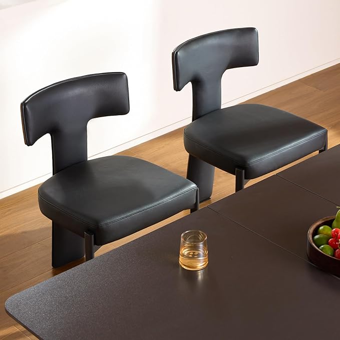 Black Dining Chairs Set of 2,Faux Leather Dining Chairs with Soft Cushion,Comfortable Upholstered Armless Dining Room Chairs with Curved Plywood Back