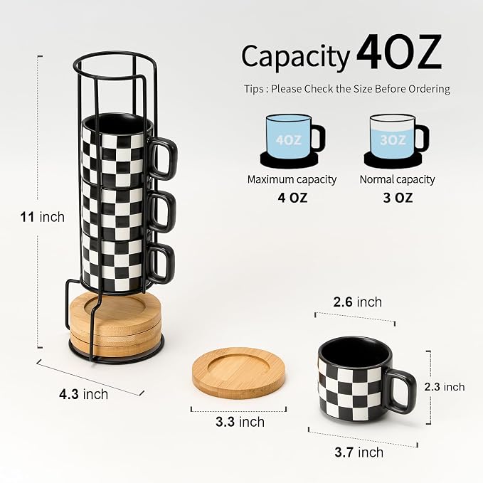 LUKA Porcelain Stackable Black and White Checkered Espresso Cups - Image 2