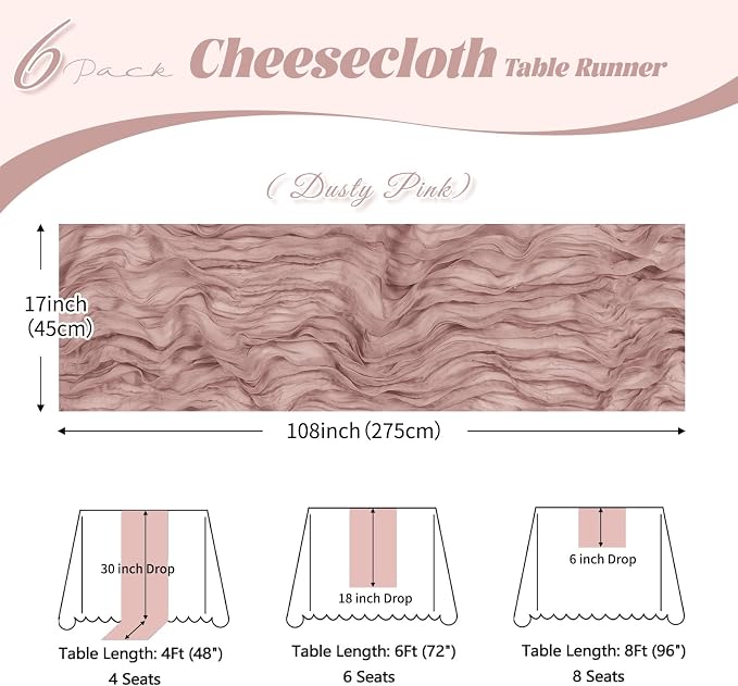 6 Pack Dusty Pink Cheesecloth Table Runner, 17 x 108 inch, Semi Sheer Boho - Image 3