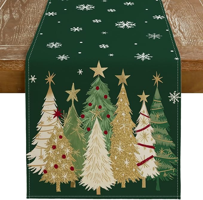 Christmas Table Runner 13x60 Inch, Xmas Trees Snowflakes Holiday Decorative by GEEORY