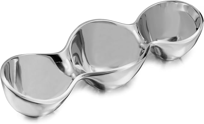 Nambé Triple Condiment Server – Alloy Trio Dish for Sauces, Dips & Snacks, Polished Mirror-Finish Bowls with Sculptural Design – 13" x 4.5", 6 Oz – Modern Serveware for Entertaining & Décor