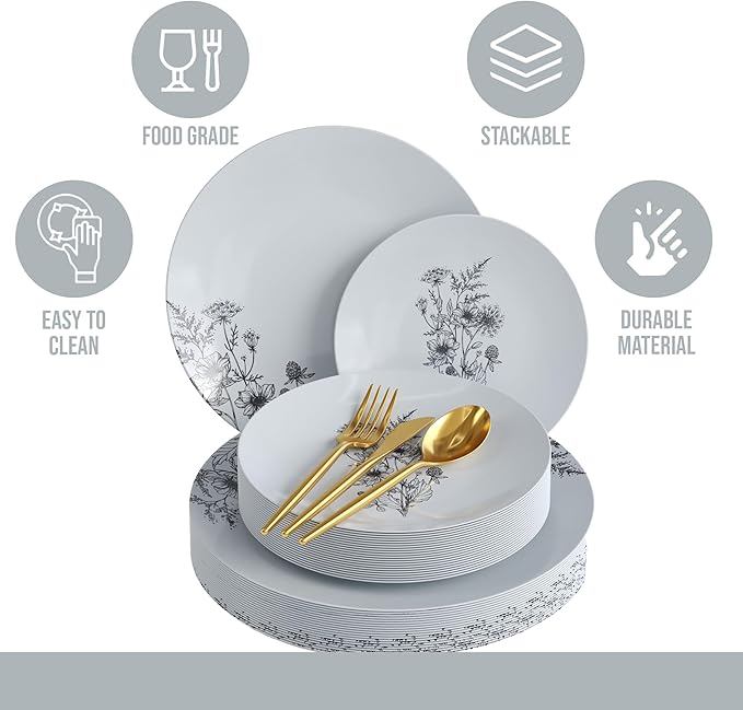 Trendables Fancy Plastic Dinnerware Sets 100 Pc 20 Guests Gold Silverware Disposable 20 X 10 Inch Charger Plates 20 X 8 Inch Dessert Plates 20 x Gold Plastic Forks and Spoons Knives In Dandelion Bloom