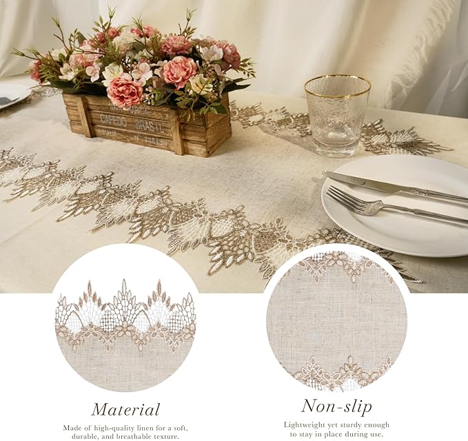 Phantomon Neutral Linen Table Runner 36 Inches Beige Embroidered Runner Lace - Image 2