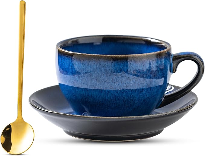 Porcelain Coffee Cup with Saucer Spoon, Vintage Design Ceramic Latte Art by Tvvtuww