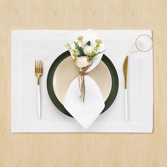 Solino Home Linen White Placemats Set of 4 - 100% Pure Linen Placemats 14 x 19 Inch for Winter, Valentines, Spring, Easter - Fete