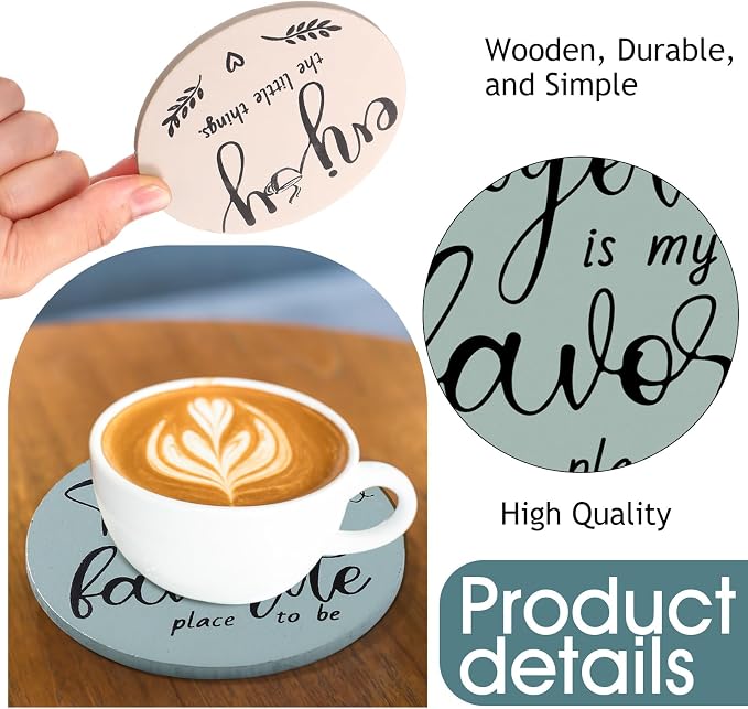 Queekay Coasters Set of 6 House Warming Gifts New Home Wooden Farmhouse Drink - Image 3