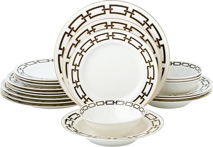 Joseph Sedgh Collection “Abbey” 20-Piece Bone China Dinnerware Set, Service for 4, Black and Gold Chain
