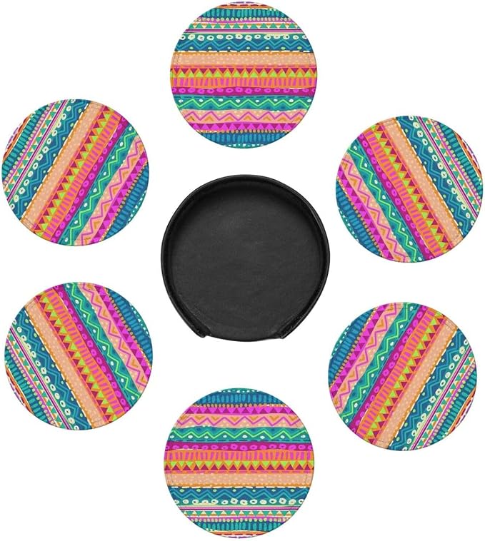 6 Pcs Colorful Stripe Leather Coasters - Image 7