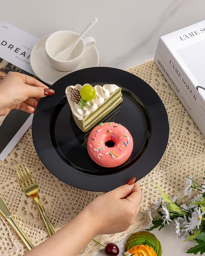 BESTVIP 50PCS Black Plastic Plates, 10.25 Inch Disposable Dinner Plate Party, Heavy Duty Disposable Plastic Plates - Ideal for Parties, Wedding and Birthday, Everyday Meals Use