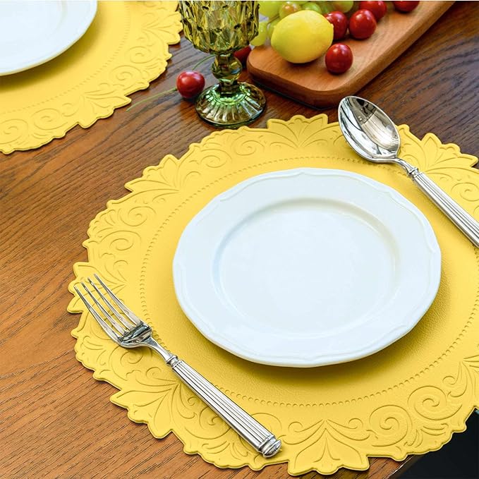 Noctiflorous Round Faux Leather 15 Inch Placemats Set of 4 Waterproof Wipeable Heat Resistant Tablemat for Dining Table Kitchen Non Slip Washable Oilproof Table Place Mat(Mango Yellow, 4)