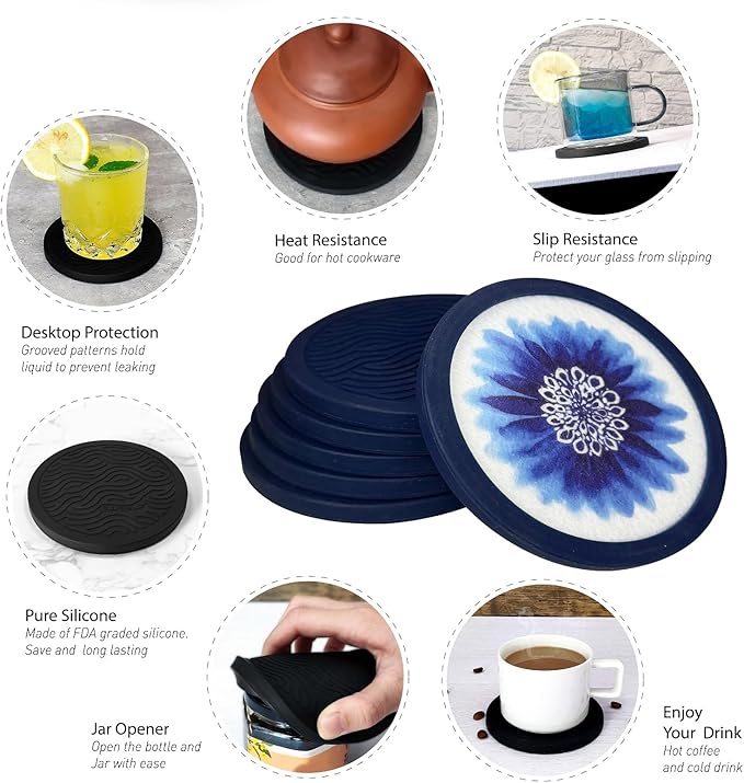 Indigo Floral Non-Slip Silicone Coasters, 4-Pack Double-Sided Absorbent Cup Mats for Hot & Cold Drinks, Scratch & Water Ring Protection for Wood Tables, Home Office Bar Use (4PC)
