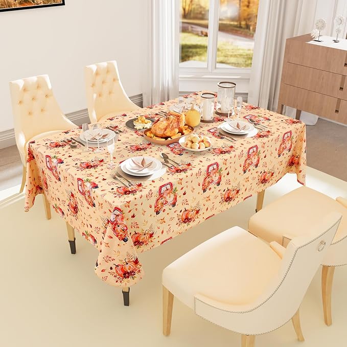 Smiry Fall Rectangle Table Cloth, Waterproof Vinyl Tablecloth with Flannel Backing, Wipeable Autumn Pumpkin Truck Plastic Tablecloths for Harvest and Thanksgiving Parties, (60"x102", Yellow)
