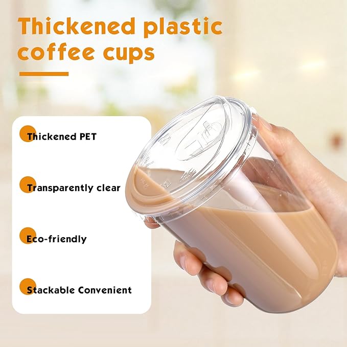 100 Sets Clear Plastic Cups with Strawless Sip Lids, Thickened Clear Disposable Plastic PET Crystal Cups for Iced Coffee, Smoothie, Cold Beverage, Drink Shops and Party Catering (16 oz)