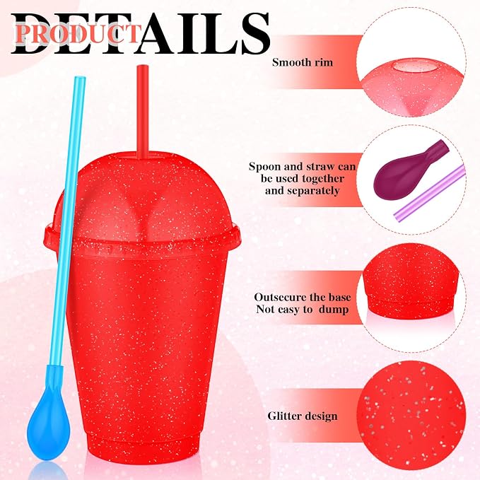 6 Set Slushie Cups with Dome Lids and Straws Detachable Spoon Straws Reusable - Image 3