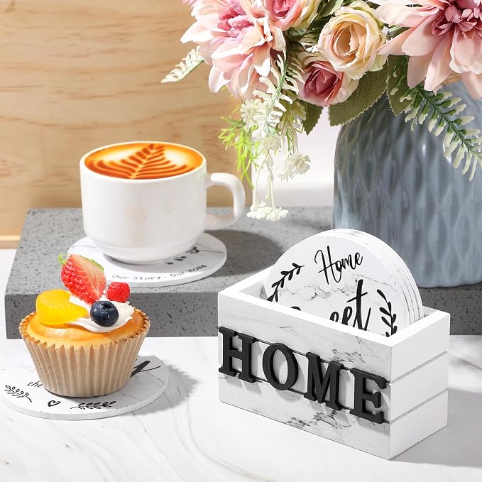 Queekay Coasters Set of 6 House Warming Gifts New Home Wooden Farmhouse Drink - Image 6