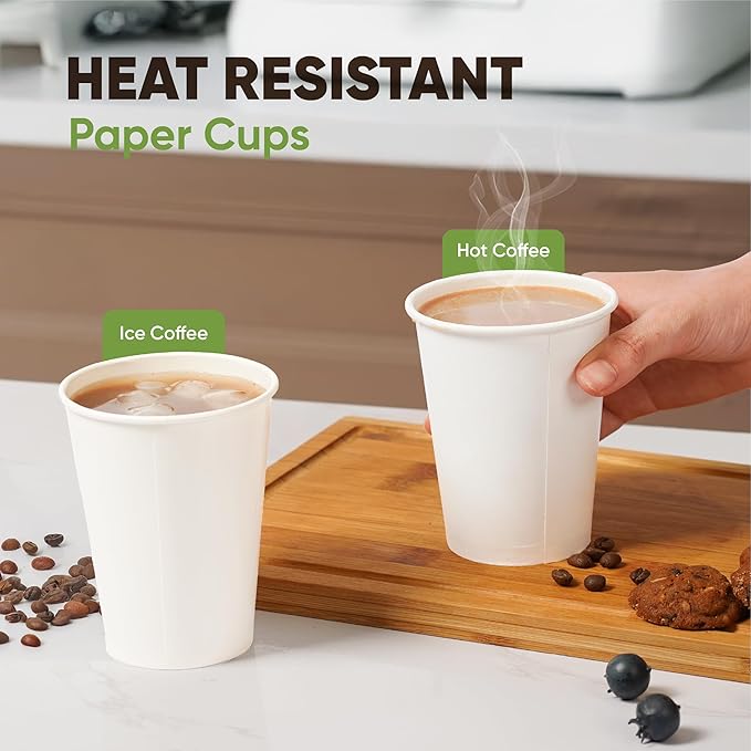 Paper Cups 14 oz – 100 Disposable Coffee Cups with 50 Paper Straws | Hot Cups for Coffee & Tea up to 150°F | Food-Contact Compliant Paper (FDA 21 CFR 176.170)